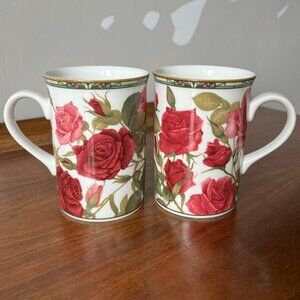 Pair of Royal Canterbury Fine Bone China Mugs Cups Dark Pink Roses Thailand